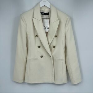 Zara Double Breasted Pique Blazer Ivory Woman’s Size S